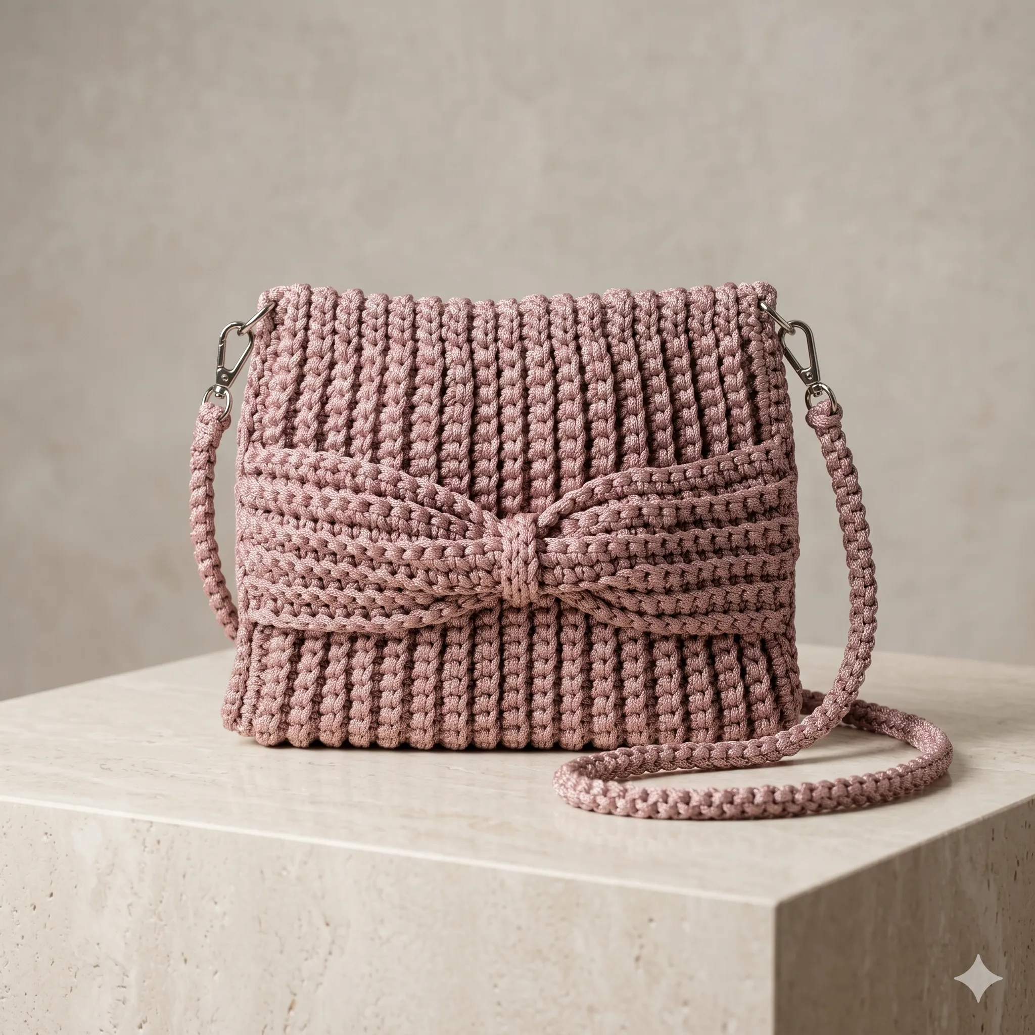 Zala — ročno kvačkana torbica čez ramo s pentljo v zaprašeno rožnati barvi, pogled 1